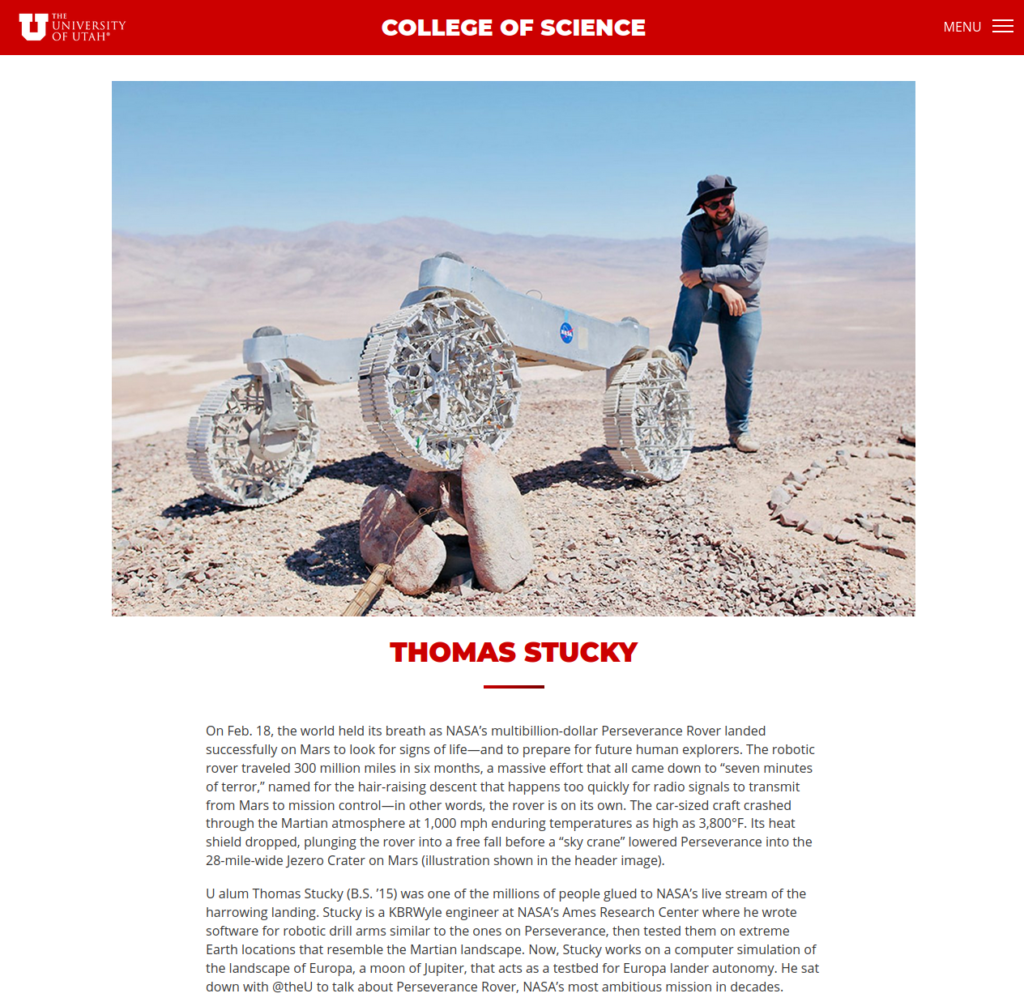 A preview of a University of Utah College of Science news article about my time working at NASA.