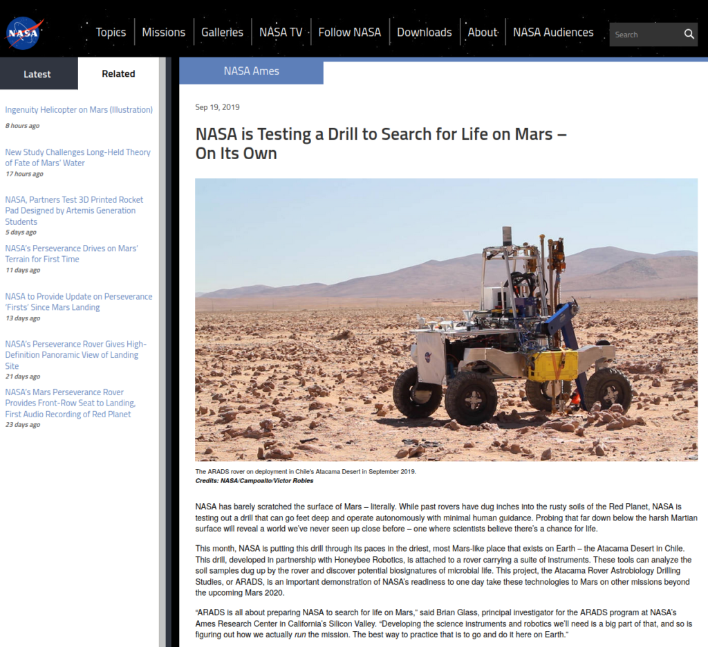 An article about the Atacama Rover Astrobiology and Drilling Studies on the NASA website.